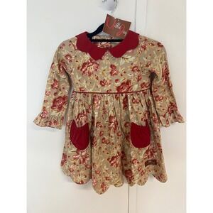 Millie Jay Girls Floral Dress Red Tan Peter Pan Collar Long Sleeve Cotton Size 4